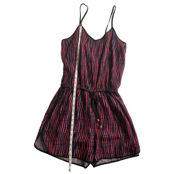 Womens Red Black Pink Abstract Stripe Spaghetti Strap Drawstring Waist Romper M - Picture 5 of 6